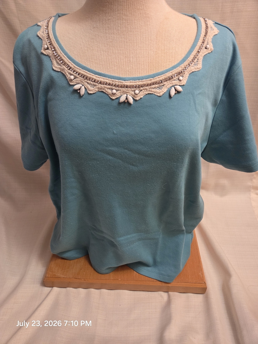 Beaded Scoop Neck Short Sleeve Top - Teal